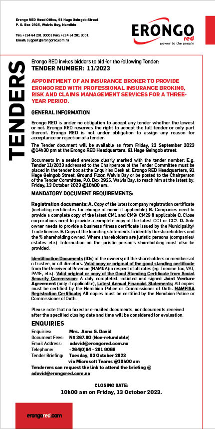TENDER 11/2023 – APPOINTMENT OF AN INSURANCE BROKER TO PROVIDE ERONGO RED WITH PROFESSIONAL INSURANCE BROKING, RISK AND CLAIMS MANAGEMENT SERVICES FOR A THREE-YEAR PERIOD